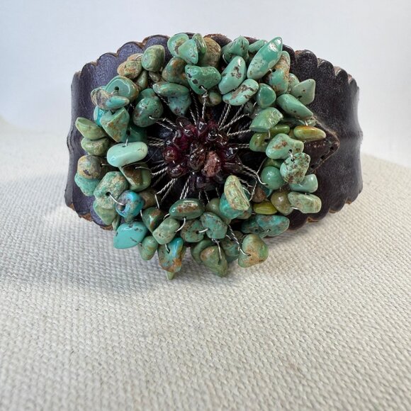Leather Cuff Bracelet With Green Turquoise & Red Stone Floral Design Bendable - Picture 1 of 8